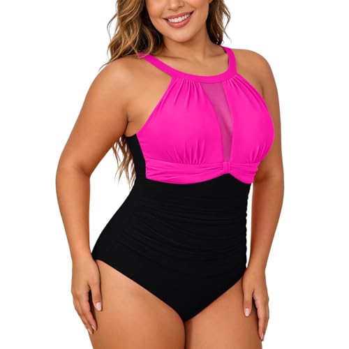 Bañador de una Pieza Mujer Talla Grande Cuello Halter, Panel de Tul Transparente, Fruncidos reductores, diseño Elegante, Playa y Piscina