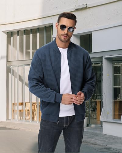 Image of YuKaiChen Mens Lightweight Bomber Jacket Casual Plaid Jacquard Varsity Jacket Coat with Zipper Pockets