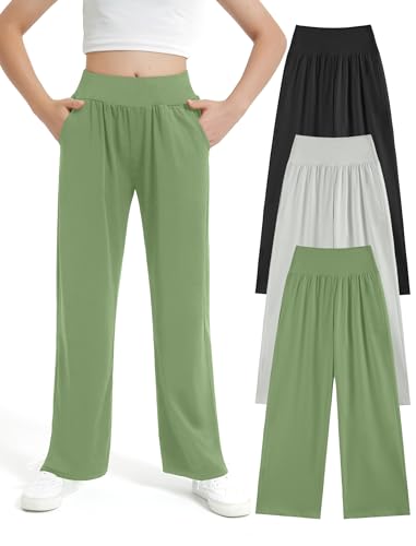 Image of EXARUS 3 Pack Girls Wide Leg Pants Baggy /Tapered Loose Casual Summer | Teen Flowy Tween Beach School Vacation Trousers Youth Junior Preteen Bottoms Lightweight Soft Kids 6-14Y