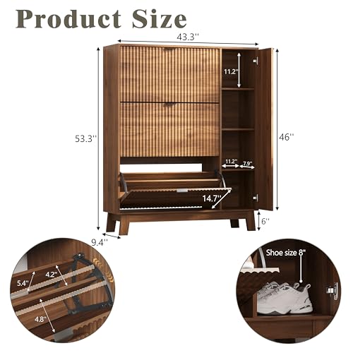 Image of Shoe Cabinet Storage for Entryway with 3 Flip Drawers & Side Cabinet, Fluted Narrow Shoe Organizer with Wooden Leg, Freestanding Shoe Storage Hidden Shoe Rack Organizer for Front Door Entrance, Walnut