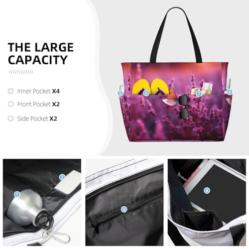 Purple Tulip Butterfly Print Large Capacity Foldable Washable Zipper Beach Travel Tote Bag ShoppingBag3