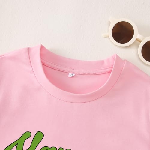 Image of MODNTOGA Kids Girls St Patricks Day Shamrock Graphic T-Shirt Happy Go Lucky Print Shirt Green Clover Short Sleeve Tee Tops (Pink, 9-10 Years)