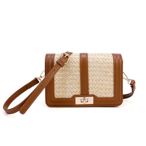 Image of FALETO Straw Crossbody Bags for Women Summer Leather Stitching Straw Flap Bag Handbag Shoulder Clutch Purse