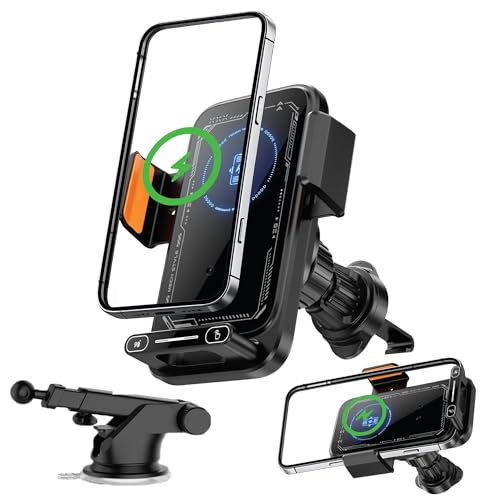 MZYSKJ Wireless Car Charger Phone Holder 15W Auto Clamping Car Phone Mount Charger with Gesture Control 90 Degree Auto Rotation Dual Vent and Dashboard Mount for iPhone and Android