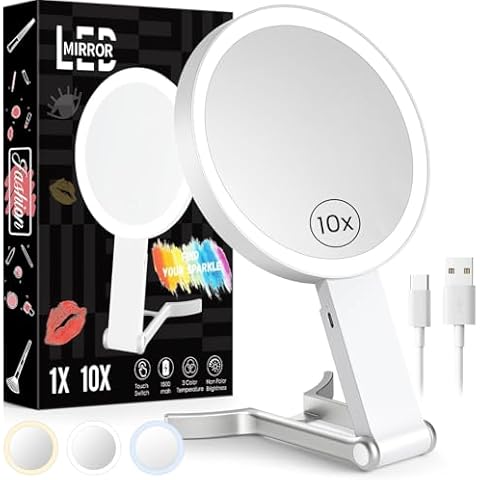 Travel Makeup Mirror with Lights, Lightened 10X/1X Double Sided Magnifying Mirror with 3 Colors, Brightness Adjustable Portable LED Mirror Gifts for Women Girls (White) Cover