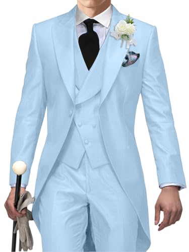 Men's Tailcoat Suit,Mens Tuxedo 3 Piece Slim Fit Suits Double Breasted for Men Summer Wedding,Proms,Concert,Sky Blue,2XL