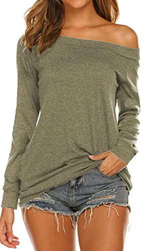 Lalala Tunika Damen Langarm Rundhals Shirt Cold Shoulder Tshirt Basic Casual Oberteile Lose Tops Khaki XL
