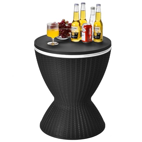 RELAX4LIFE 3 en 1 Mesa Nevera Jardin 30L con Tapa Extraíble Tablero Elevable 57,5/82 cm, Mesa Jardin Exterior de Ratán PP con Orificio de Drenaje, Hielera para Fiestas, Camping, Carga 75KG (Negro)