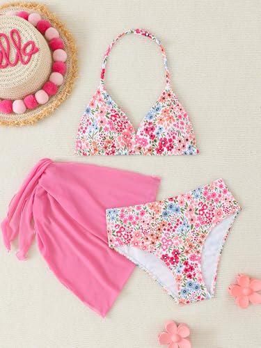 Image of SEGT Girl's 3 Piece Striped Bikini Swimwear Cute Swimsuits Bathing Suit High Waisted with Cover Up Beach Skirt