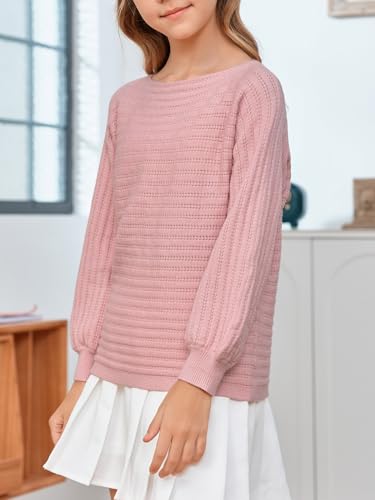 Image of Mafulus Girl's Puff Long Sleeve Crewneck Pullover Sweaters Kids Cable Knit Hollow Out Slouchy Cute Fall Jumper Tops 5-14T