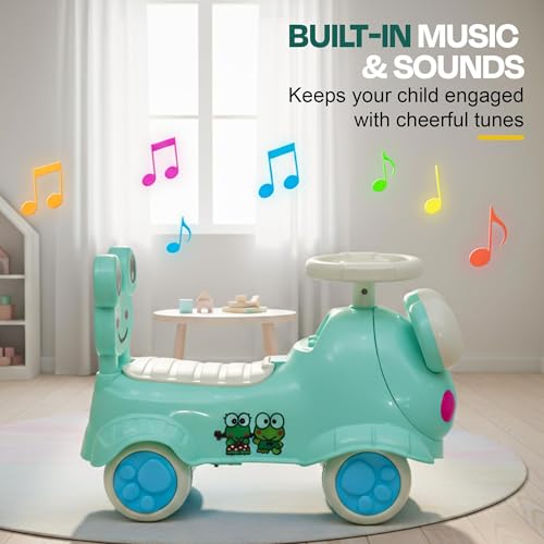 Image of Kermit Ride on Cars for Kids | Portable Kids Car with Music & Toy Storage | Indoor Baby Push Ride-ons with Lights & Safety Backrest | Outdoor Rider Cars for Kid 18+ Months (Green)