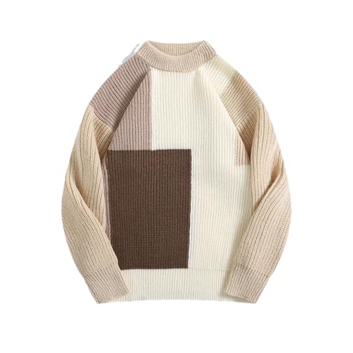 Men's Round Neck Warm Contrast Color Sweater Long Sleeve Casual Retro Loose Knit Sweater