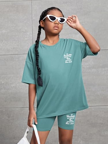 Image of OYOANGLE Girl's 2 Piece Outfits Letter Graphic Print Short Sleeve Tee Top and Biker Shorts Tracksuit Workout Set