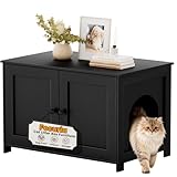 Fecuria Cat Litter Box Enclosure Furniture Dog Proof, Hidden Kitty Washroom Cabinet Low Entry, Wooden Cat Boxes Enclosure Odor Control for Home, Farmhouse Style Decorative TV Stand with Storage, Black