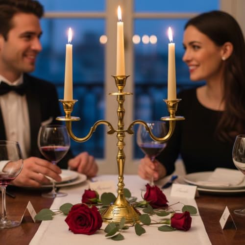 Image of 3 Arm Aluminum Candelabra Gold 16 Inch | Decorative Candelstick Holders for Home Decor, Wedding Parties Decoration & Centerpiece for Dining Table