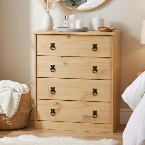 CARO-M&ouml;bel Kommode Barrio mit 4 Schubladen I Highboard aus massiver Kiefer I Anrichte mit gebeizter und gewachster Oberfl&auml;che im Mexiko Stil