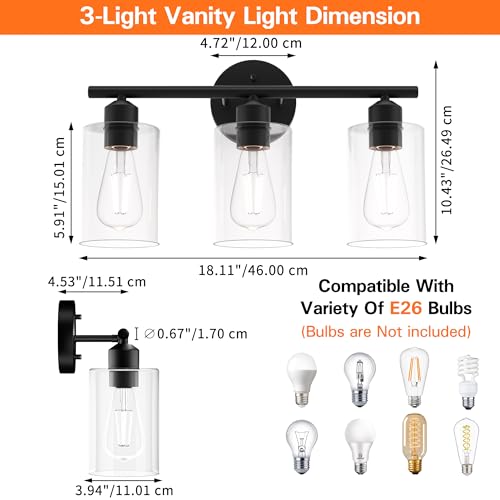Image of Bathroom Vanity Light Fixtures Matte Black Bathroom Lighting Fixture, 3 Lights Bathroom Light Fixture Over Mirror, Modern Black Vanity Light, UL Certified Wall Sconces with Glass Shades