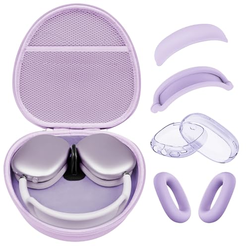 Image of Hard Case for AirPods Max 2 Supports Sleep Mode, Travel Carrying Headphone Case with AirPods Max 2 /1 Clear Ear Cups Cover /Silicone Earpad Case /Headband Cover, Protective Portable Storage Bag, Purple