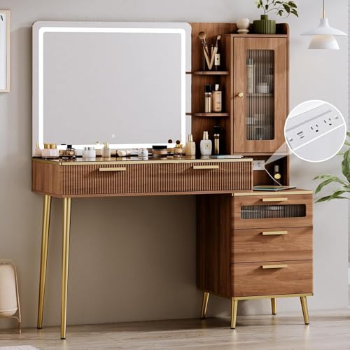 Chrangmay 47.24' Big Modern Vanity Desk with Mirror and Lights,Makeup Vanity Desk with 5 Drawers and...