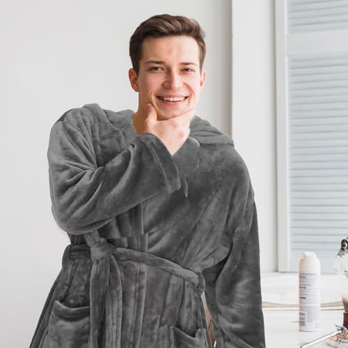 Mens Hooded Robe Fuzzy Mens Robe Bathrobe Long Spa Robe with Belt 2 Pockets Soft Warm Knee Length Bathrobe 6