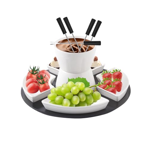 BUERPINKING Set di fonduta di cioccolato in ceramica con base, 4 piatti in ceramica e 4 forchette, fonduta di formaggio con funzione di fusione, scalda burro, per cioccolato, formaggio, burro e