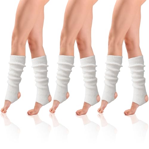 FUIPVGI 3 Pares Calentadores Piernas Mujer, Calentadores Largos de Ballet de Punto para Mujer y Niña, con Agujero en el Talón, Calentadores de Invierno para Yoga Ballet Danza (Blanco)