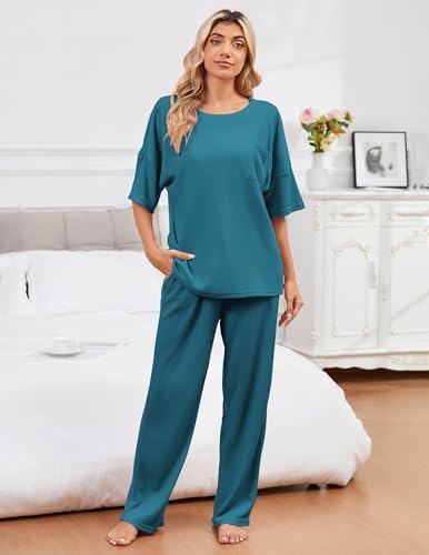 Image of JiniGolla Womens Pajama Sets Waffle Knit Short Sleeve Shirt with Long Pajama Pants Soft Sleepwear Pj Lounge Sets