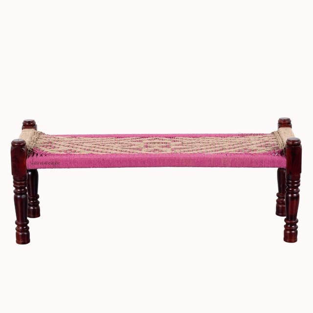 Image of Wooden Bench for Seating | Handcrafted Sheesham Wood Bench for Living Room, Balcony & Garden | Traditional Patio for Outdoor with Cotton Handwoven Rope | Beige and Pink