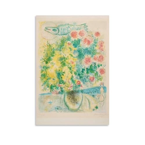 マルク・シャガール 絵画アート ポスター(バラとミモザ) 部屋飾り キャンバスウォールアート 印刷 ポスター 版画 壁飾り 壁の絵 壁掛け ホームアートワーク16x24inch(40x60cm)