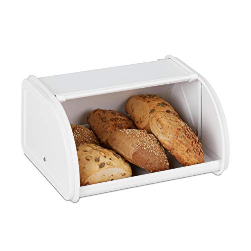 Relaxdays 10030067 Panera, con Tapa Enrollable, Hermética, Pan y Panecillos, Metal, 13,5 x 26 x 21 cm, Guardar Bollería, Blanco, Acero