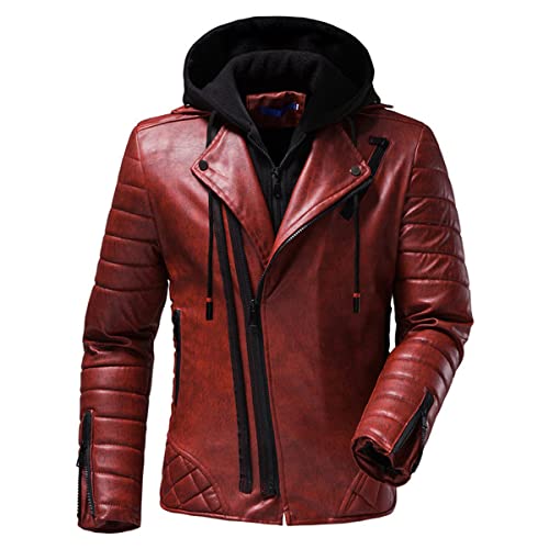 Image of Men's Red Leather Jacket: Genuine Sheepskin Retro Biker with Lapel Collar & Hood - Vintage Distressed Style