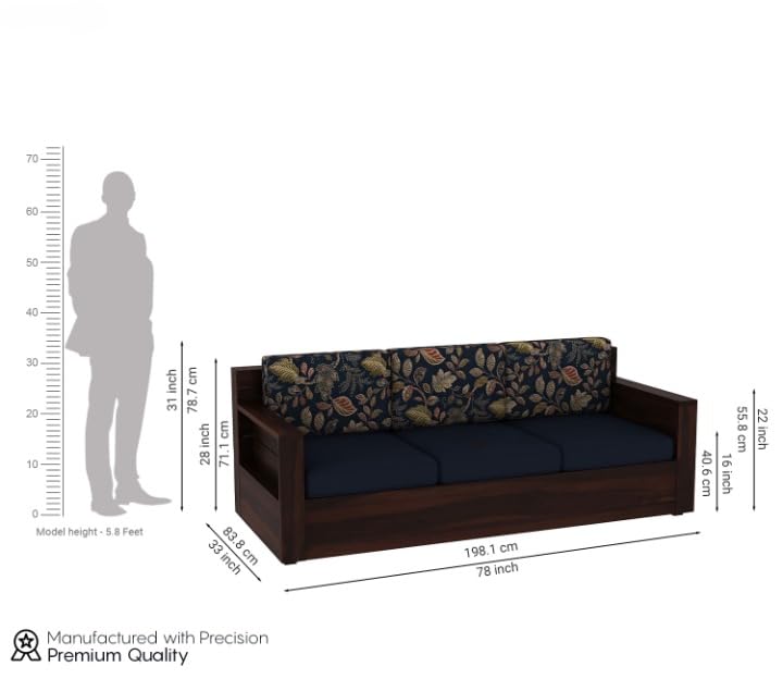 Image of Kunjal Furniture Solid sheesham Wood Wooden 3 Seater Sofa for Living Room - Sofa with Cousins seat - Sitting Pretty 3-Seater Couch (Walnut, Modern+Blue)