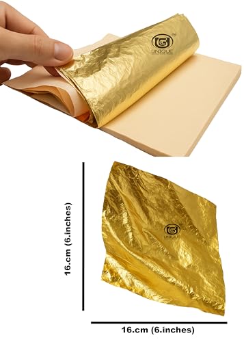 Image of UGLS Gold Leaf Pack of 50 Sheets (16 cm x 16 cm) & Adhesive 150 ml - Gilding Glue - Golden Foil for Gilding, Epoxy Resin Art, Maysur Paintings, Arts & Crafts, DIY Gilding, Furniture Gilding