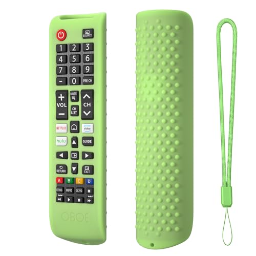 Image of Foxsky Oboe Silicone Remote Cover - Compatible with Samsung Smart TV BN59-01315 & Other TVs - Protective Case with Lanyard & Glow in Dark Green