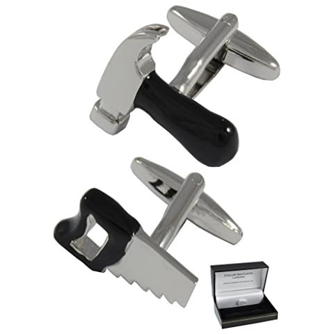 COLLAR AND CUFFS LONDON - Premium Cufflinks with Presentation Gift Box - Hammer and Saw - Solid Brass - Carpenters Builders DIY Architect Engineer - Silver and Black Colours Cover