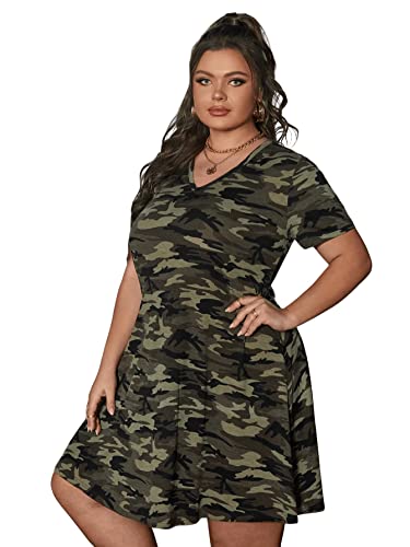 SOLY HUX Women's Plus Size Camo Print V Neck Short Sleeve Casual T Shirt Dress3