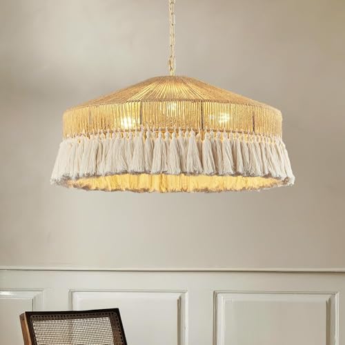 Image of Boho Pendant Light Fixture Bamboo Hanging Light Rattan Woven Wicker Shade Chandelier for Dining Living Bedroom Kitchen Farmhouse Round Raffia Lamp (Bulb not Included)