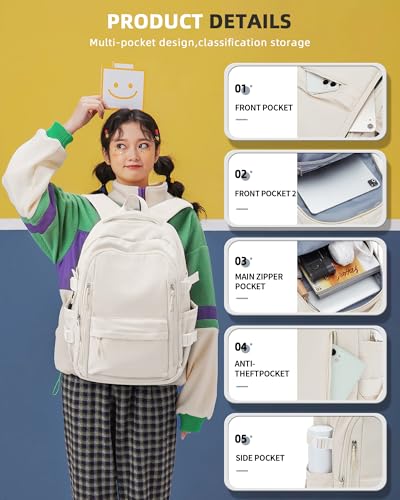 Lightweight Backpack for Women, Large Laptop Travel Backpack Casual Daypack College Bag Rucksack for Men. Beige - Image 3