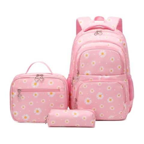 Armbq Daisy Kids Backpack for Girls, Multi Pocket School Bags with Lunch Box for Elementary, Teen Girls Bookbag Set Cover