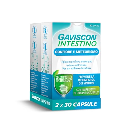Gaviscon Intestino Gonfiore e Meteorismo, Agisce e previene su Gonfiore, Meteorismo e Dolore Addominale, Ingredienti di Origine Naturale, Tecnologia brevettata Colon Protect, 2x30 Capsule