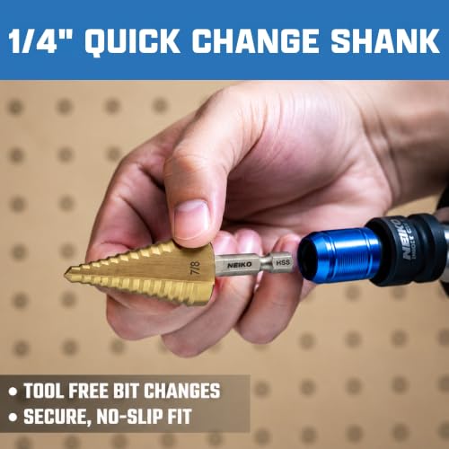Image of NEIKO 10620A Step Drill Bit, 1 Step 7 /8 inch Straight High Speed Steel, Titanium Nitride Coated, 1 /4 inch Quick Change Step Bits for Steel, Metal, Wood, Plastic, Unibit Cone Drill Bits, Two Flute