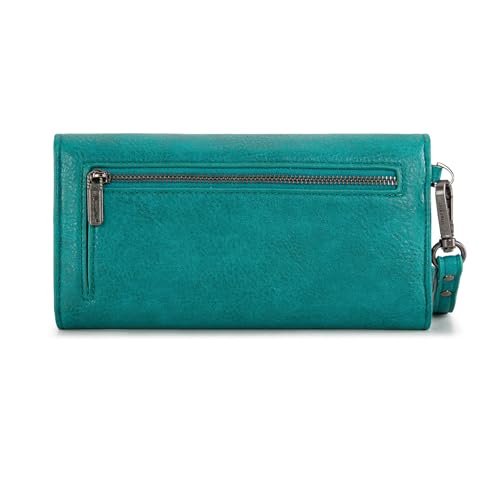 Image of Montana West X Wrangler Wrist Wallets for Women Ladies Female Large Card Cases & Money Organizers Trifold Clutch with Rfid Lining and Wrist Strap Turquoise
