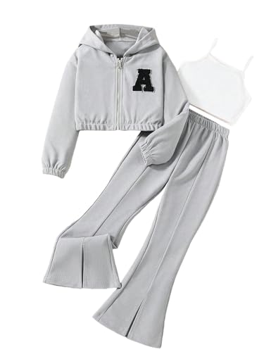 Image of OYOANGLE Girl's 3 Piece Outfits Letter Print Long Sleeve Zip Up Hoodie and Cami Top with Flared Pants Set Grey 10Y