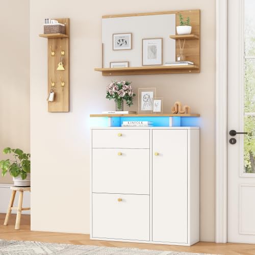 Set di 3 appendiabiti, con illuminazione a LED, specchi, cappelli e scarpiera, con 4 ganci, naturale/bianco, 105 x 25 x 151,5 cm, per corridoio, ingresso