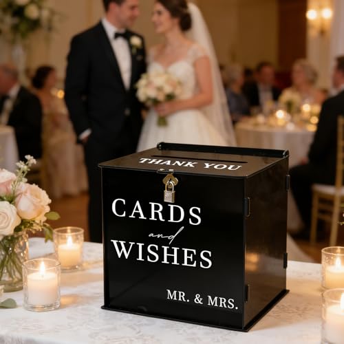 Image of Black Acrylic Card Box with Slot & Lock, DIY Large Wedding Card Boxes for Reception, Elegant Money Envelop Gift Cards Box for Party Wedding Birthday Baby Shower Graduation Table Decor
