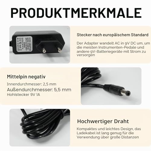 9V DC Netzteil Adapter für Gitarrenpedal 9V 1A, Boss PSA Adapter 9V DC, Netzteil für Effektgeräte, 9V Ladegerät Musik Effektgeräte, Pedal Netzteil Adapter für Roland ME-80/GT-1/RC-1/ZOOM AD, 5.5*2.1mm