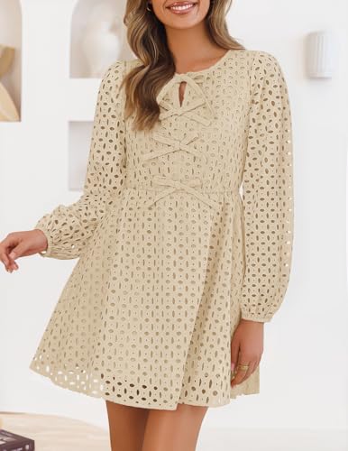 ZESICA Women's Long Sleeve Mini Dress 2025 Fall Crewneck Tie Front Hollow Out Eyelet Babydoll A Line Short Dresses2