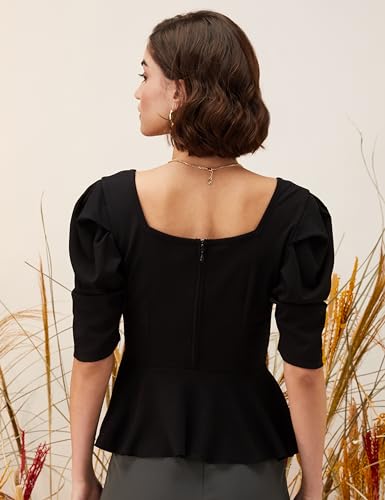 Image of Amazon Brand - Eden & Ivy Women Solid Crepe Square Neck Puff Sleeve Regular Fit Peplum Knit Top (Available in Plus Sizes)