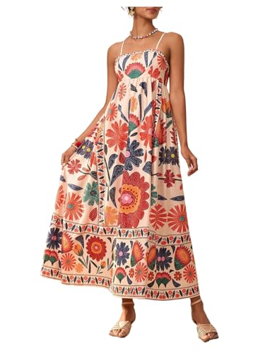 Floerns Women's Spaghetti Strap Tropical Dress Shirred Vacation Cami Maxi Dress