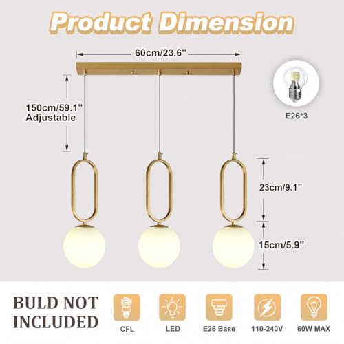 Image of 3 Light Modern Pendant Light Fixtures Mid Century Chandelier White Globe Glass Pendant Lights Vintage Brass Hanging Lamp for Kitchen Island Bedroom Dining Room